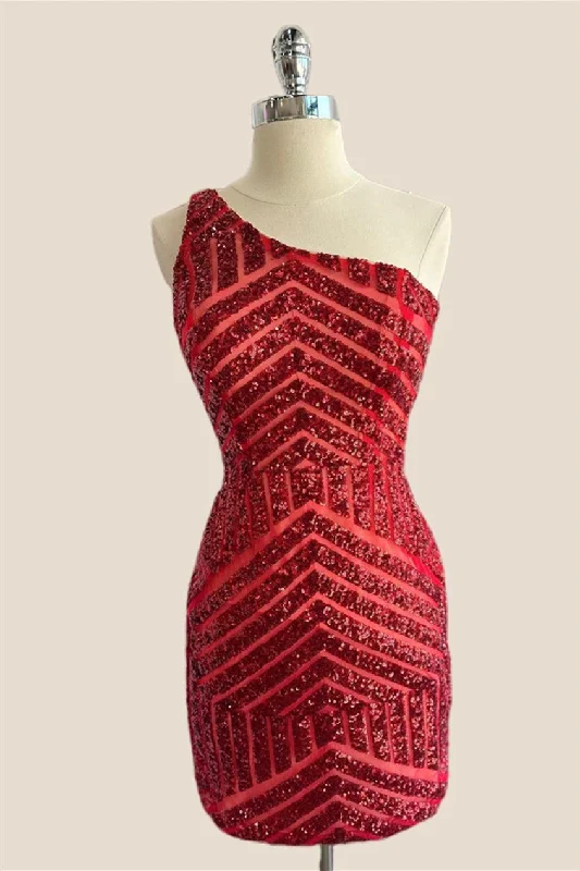 Knit mini dress-One Shoulder Red Sequin Bodycon Short Dress