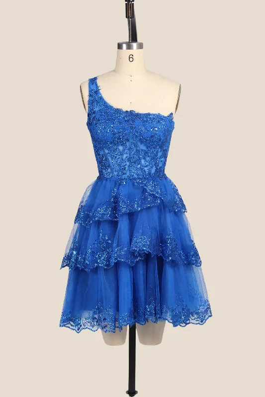 Embellished mini dress-One Shoulder Royal Blue Sequin Tiered Short Dress