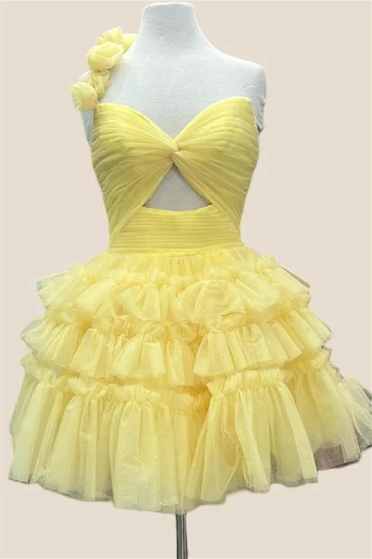 Hoodie mini dress-One Shoulder Yellow Ruched Tiered Short Dress