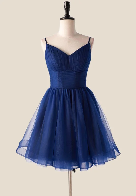 Blouson mini dress-Pleated Navy Blue Tulle A-line Short Dress