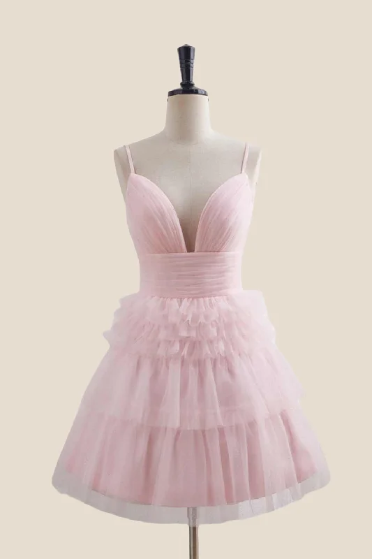 Glitter mini dress-Plunge Neck Pink Tiered A-line Short Dress