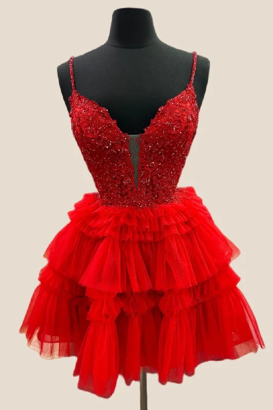 Club mini dress-Plunge V-neck Red Appliques Ruffle Short Dress