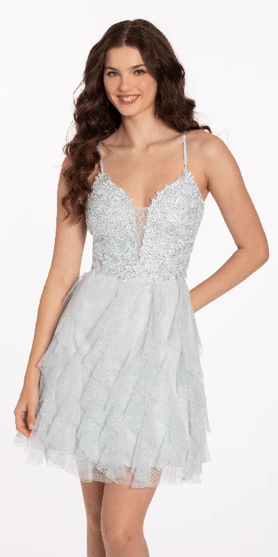 Skater mini dress-Plunging Glitter Cascade Fit and Flare Dress with Lace Bodice