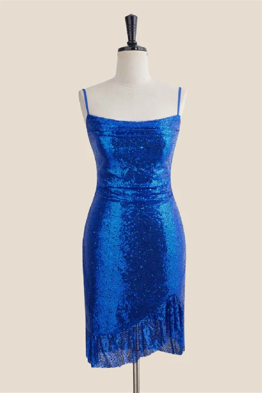 Festival mini dress-Royal Blue Ruffle Sequin Sheath Short Dress