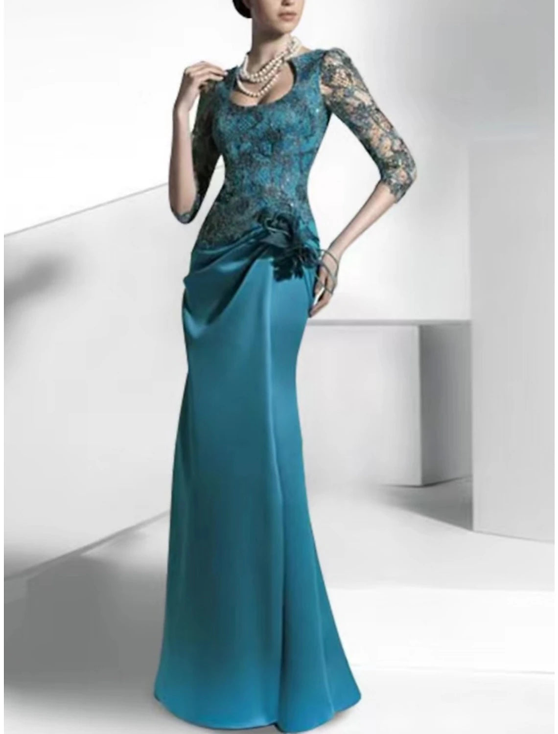 Knee-length cocktail dress-Sheath / Column Mother of the Bride Dress Party Elegant Scoop Neck Floor Length Satin Lace Half Sleeve with Appliques Ruching