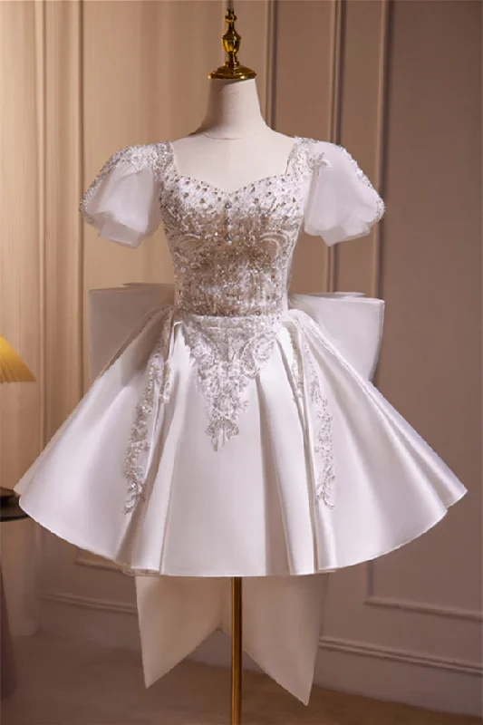 Babydoll mini dress-Short Sleeves White Beaded A-line Short Princess Dress