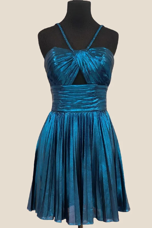 Summer mini dress-Peacock Metallic Halter Pleated A-line Short Dress