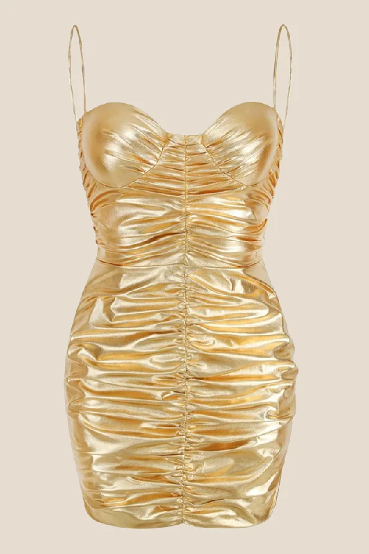 Glitter mini dress-Spaghetti Straps Golden Ruched Tight Short Dress