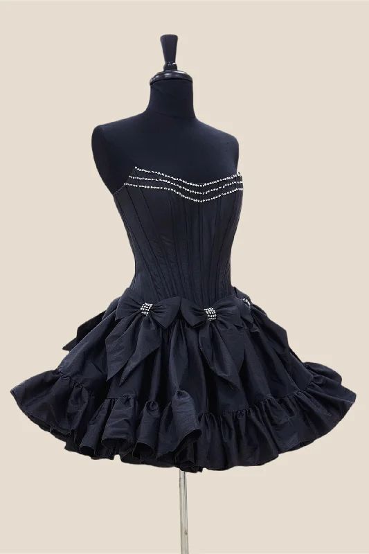 Cape mini dress-Strapless Black Ruffle Short Dress with Bow