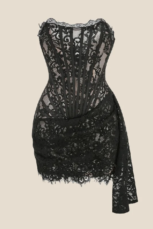 Floral mini dress-Strapless Black Tight Lace Short Dress with Shawl