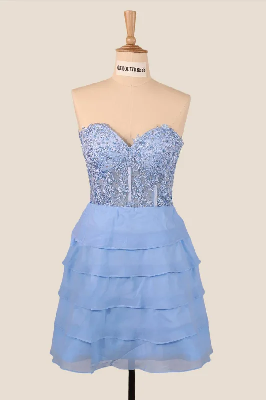 Keyhole mini dress-Strapless Blue Appliques Tiered A-line Short Dress