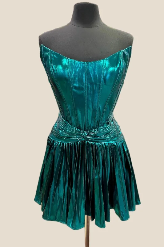 Casual mini dress-Strapless Blue Metallic Pleated A-line Short Dress