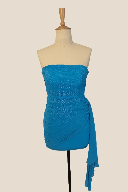 Crochet mini dress-Strapless Blue Tight Short Dress with Shawl