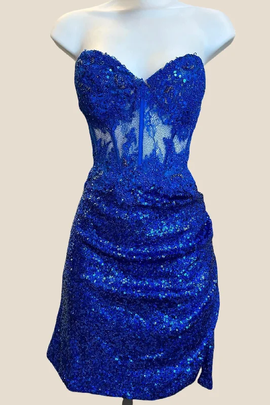 Trendy mini dress-Strapless Royal Blue Sequin Tight Short Dress