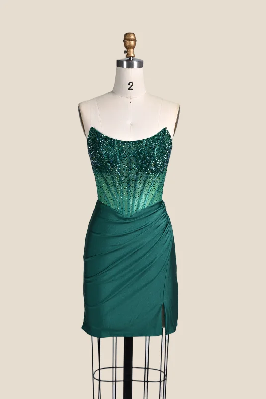 Denim mini dress-Strapless Emerald Green Beaded Tight Short Dress