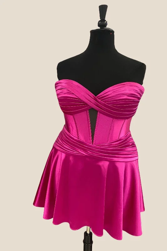 Sleeveless mini dress-Strapless Hot Pink Keyhole Short Homecoming Dress