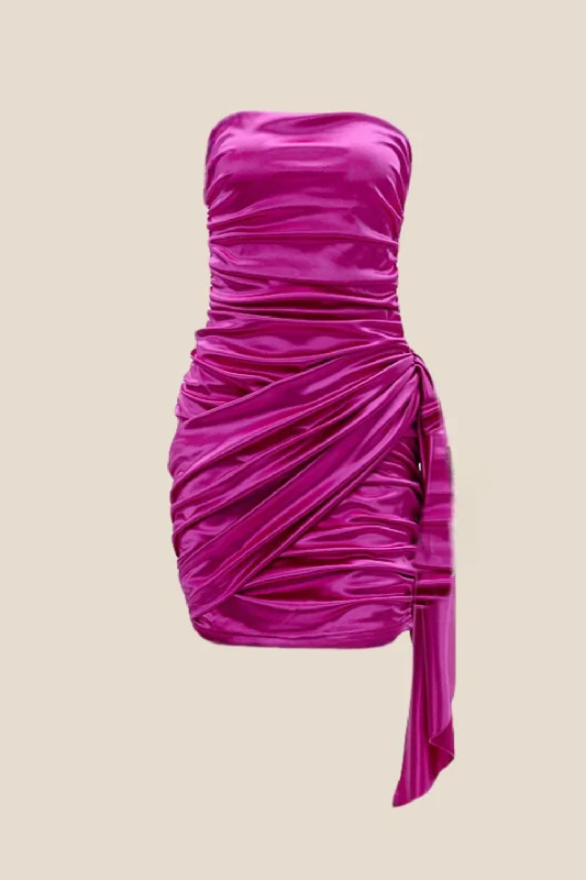 Festival mini dress-Strapless Fuchsia Ruched Short Dress with Shawl