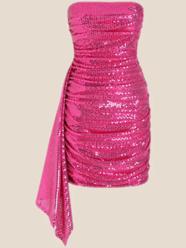 Tank top mini dress-Strapless Hot Pink Sequin Short Dress with Shawl