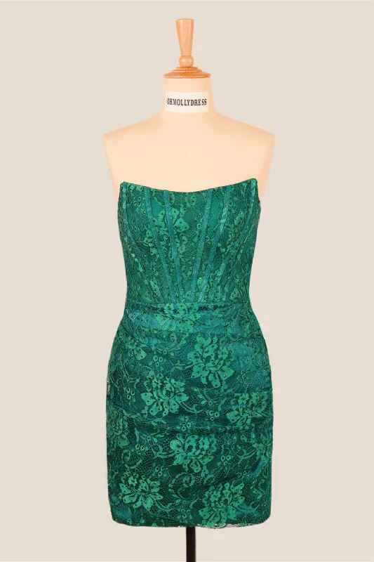 Layered mini dress-Strapless Green Lace Beaded Bodycon Short Dress