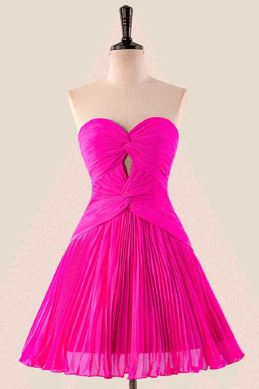 Boho mini dress-Strapless Hot Pink Pleated A-line Short Dress