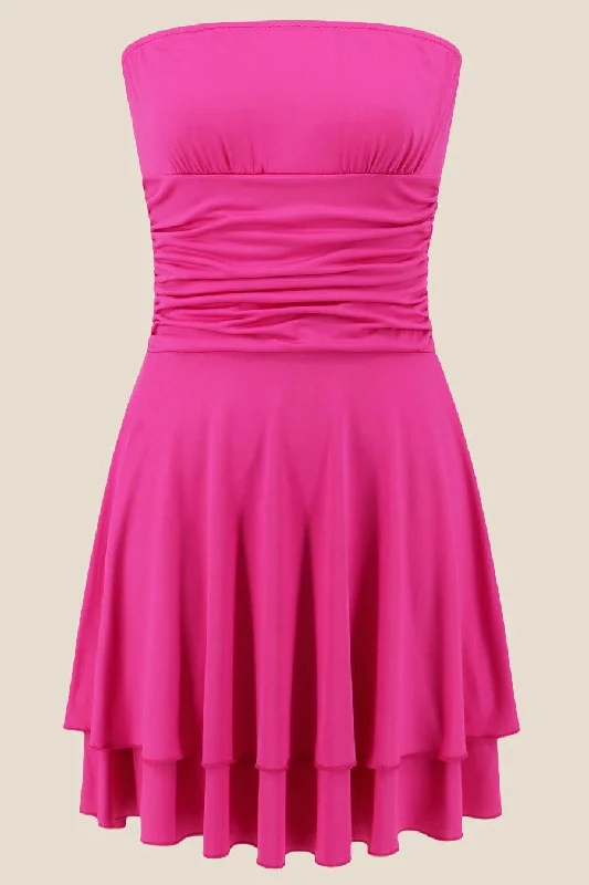 Elegant mini dress-Strapless Hot Pink Ruffle Ruched Short Dress