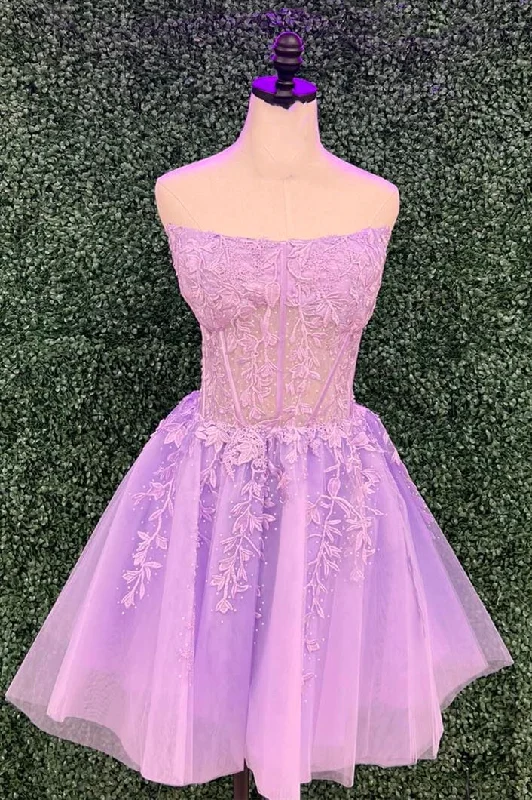 Belted mini dress-Strapless Lilac Lace Appliques Short Homecoming Dress