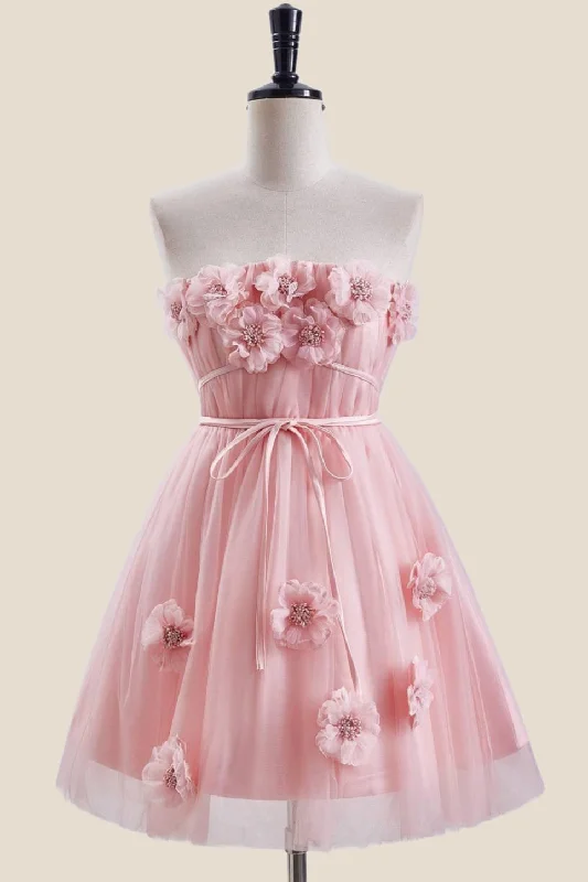 V-neck mini dress-Strapless Pink 3D Flowers Tulle Short Dress