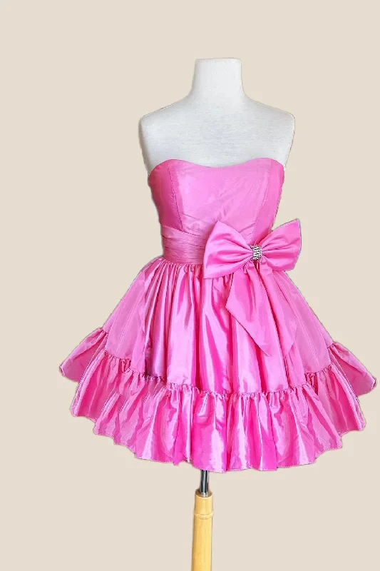 Holiday mini dress-Strapless Pink Bow Ruffle Taffeta Short Dress