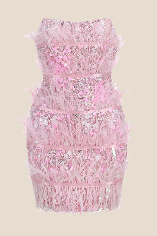 High-low mini dress-Strapless Pink Sequin Short Dress with Feather