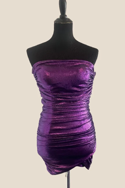 Sequin mini dress-Strapless Purple Ruched Bodycon Short Dress