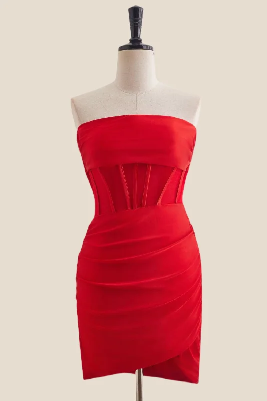 Pleated mini dress-Strapless Red Ruched Bodycon Short Dress