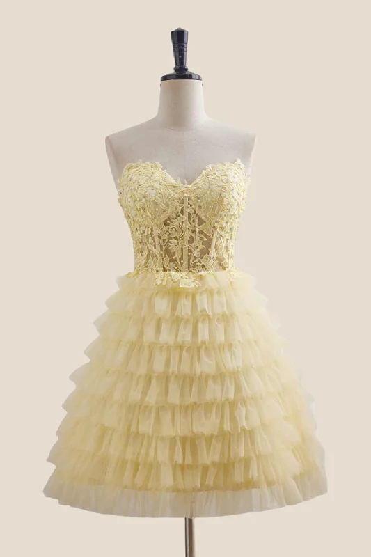 Beach mini dress-Strapless Yellow Appliques Tiered Short Dress