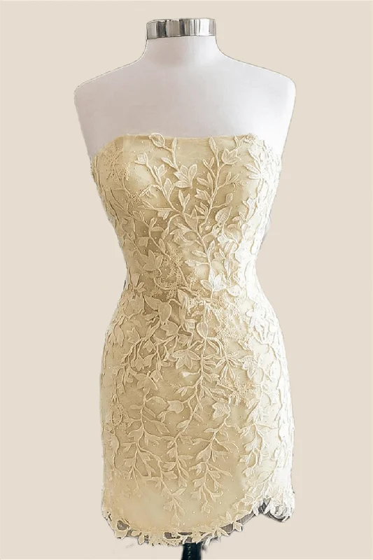 Lace mini dress-Strapless Yellow Lace Beaded Tight Short Dress