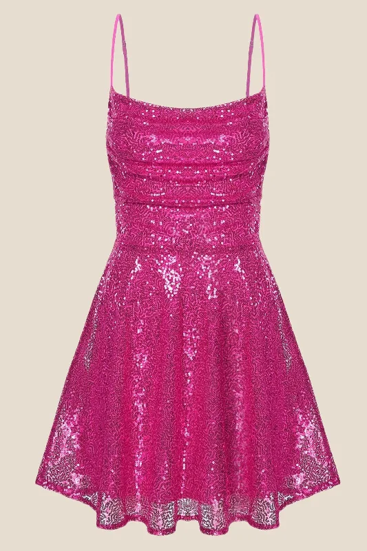 Sweetheart neck mini dress-Straps Hot Pink Sequin Short Homecoming Dress