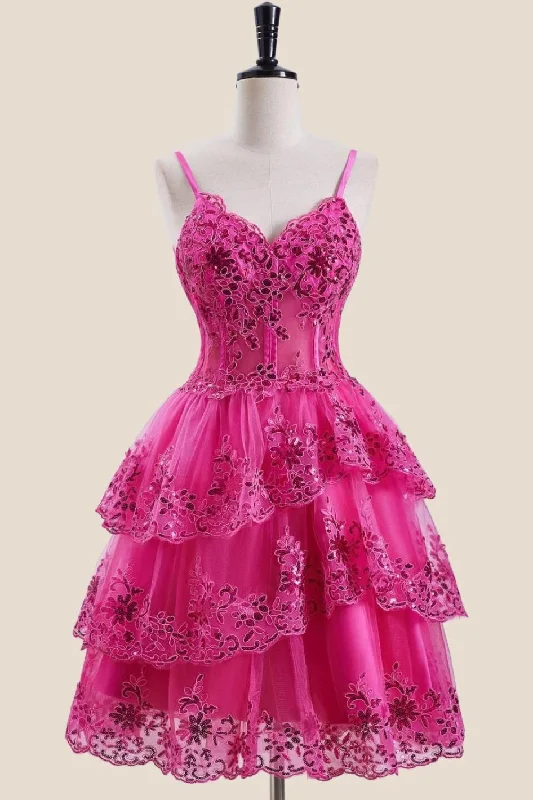 Vacation mini dress-Hot Pink Appliques Short Ruffle Homecoming Dress