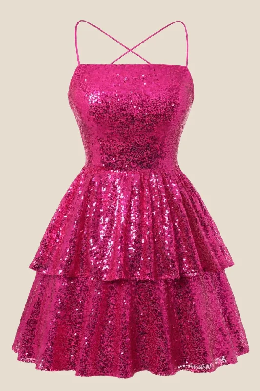 Embroidered mini dress-Straps Hot Pink Sequin Ruffle A-line Short Dress