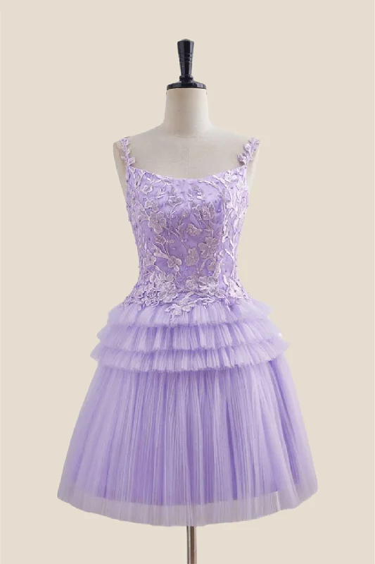 Everyday mini dress-Straps Lavender Appliques Tiered Short Dress