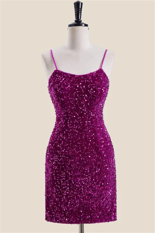 Tulle mini dress-Straps Magenta Sequin Bodycon Short Dress