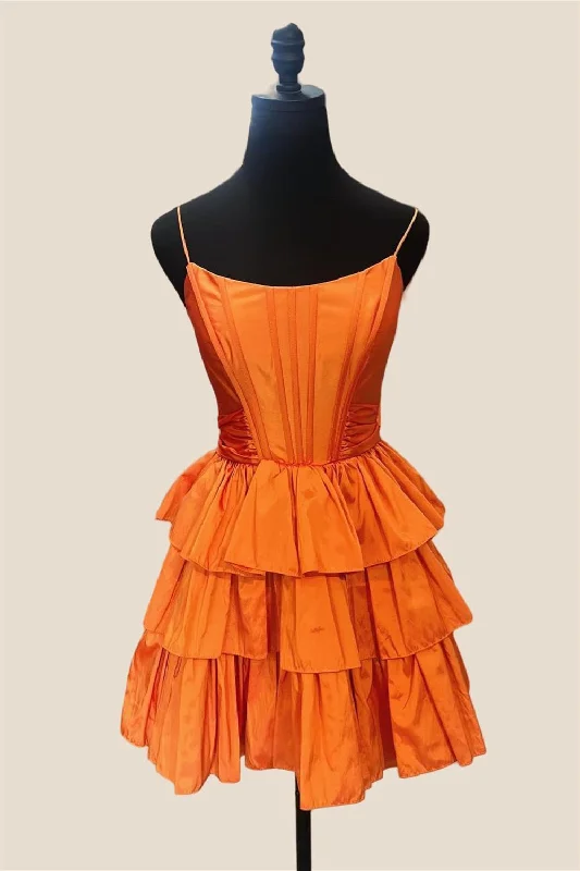 Celebration mini dress-Straps Orange Ruffles A-line Taffeta Short Dress