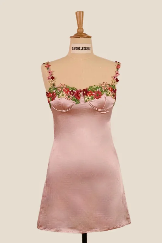 High-low mini dress-Straps Pink Floral Appliques Short Princess Dress