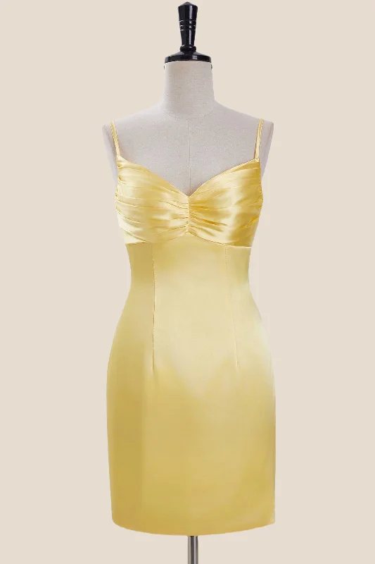 A-line mini dress-Straps Yellow Ruched Satin Bodycon Short Dress