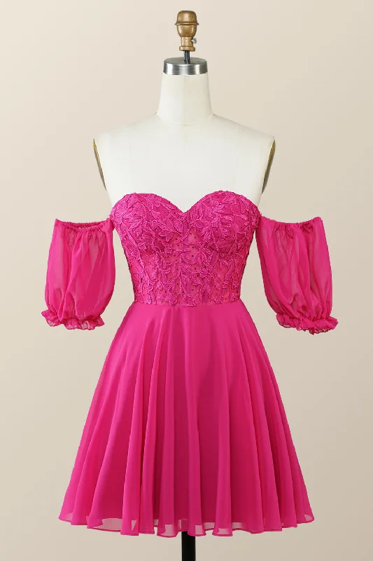 Black mini dress-Sweetheart Hot Pink Lace and Chiffon Short Dress