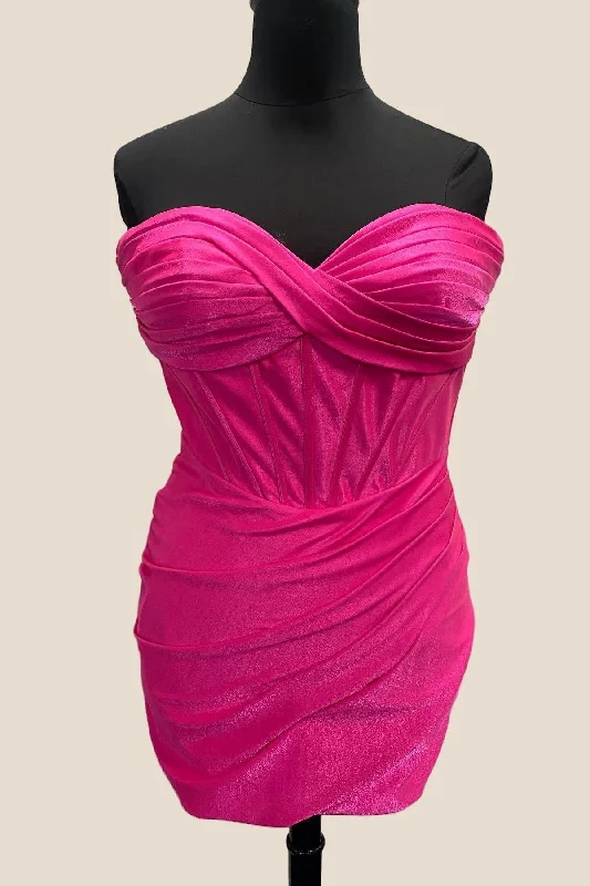 Square neck mini dress-Sweetheart Hot Pink Ruched Bodycon Short Dress