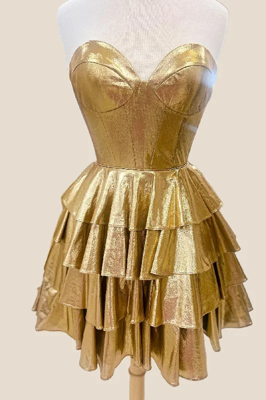 Striped mini dress-Sweetheart Gold Metallic Ruffles A-line Short Dress