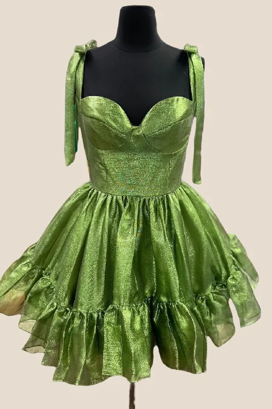 Date night mini dress-Sweetheart Green Ruffles A-line Short Dress