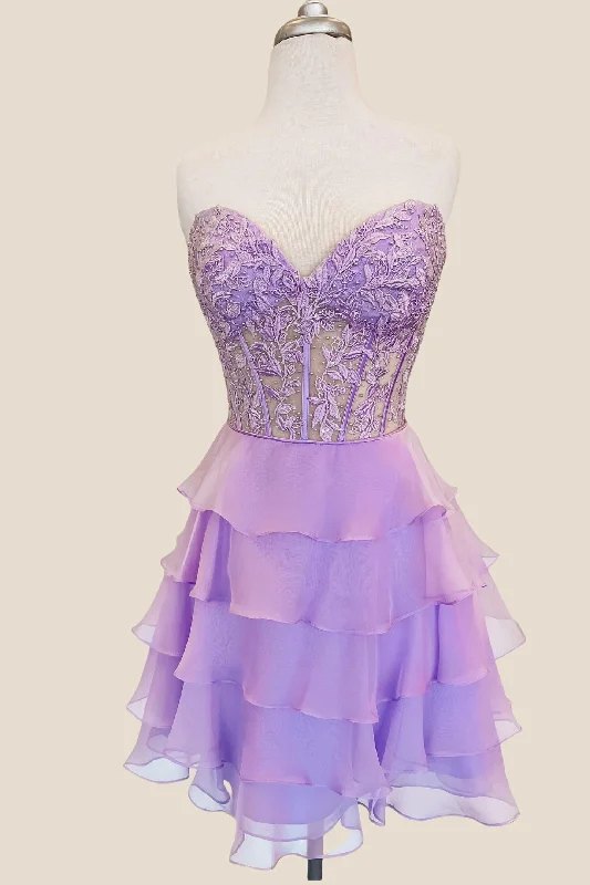 Gypsy mini dress-Sweetheart Lavender Appliques Tiered Short Dress