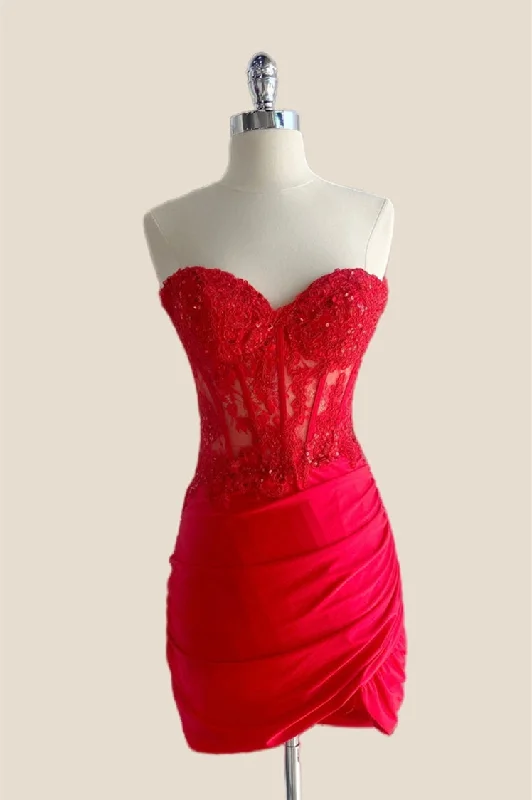 Modern mini dress-Sweetheart Red Appliques Ruched Tight Short Dress