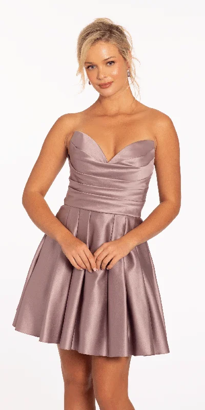 Square neck mini dress-Sweetheart Satin Pleated Fit and Flare Dress