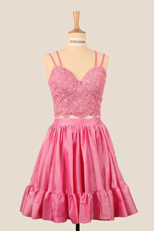 Halter neck mini dress-Two Pieces Pink Lace Appliques Short Dress