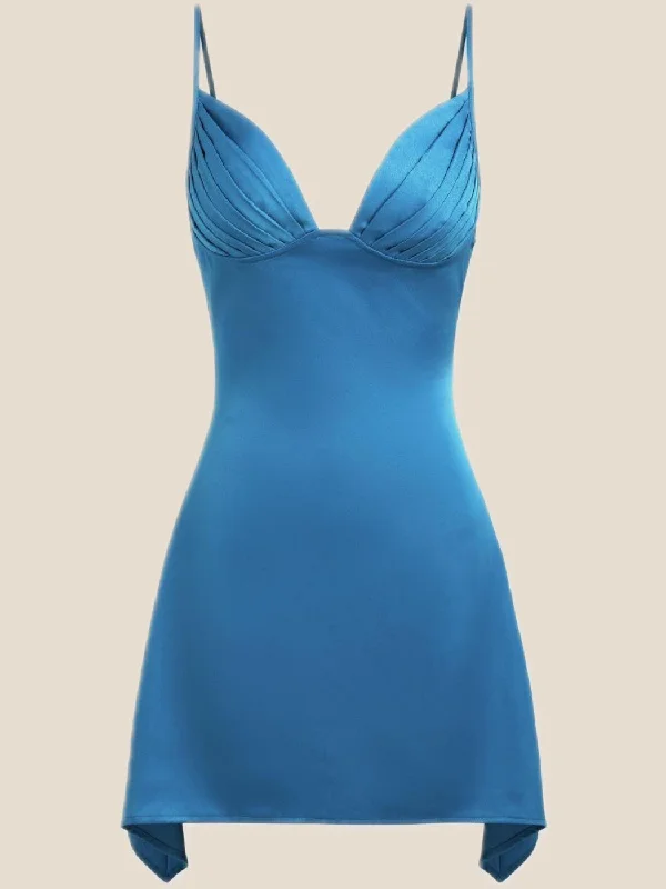 Wrap mini dress-V Neck Blue Satin Short Homecoming Dress